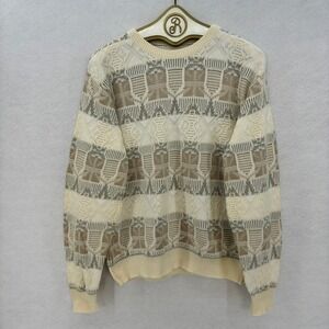 90s‎ Vintage Geometric Knit Sweater Women MEDIUM Beige Cream Brown Made USA